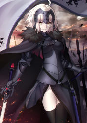 Rule 34 | 1girl, armor, armored dress, black cape, black dress, black thighhighs, breasts, cape, chain, dress, fate/grand order, fate (series), flag, fur trim, gauntlets, headpiece, highres, jeanne d&#039;arc (fate), jeanne d&#039;arc alter (avenger) (fate), jeanne d&#039;arc alter (avenger) (first ascension) (fate), jeanne d&#039;arc alter (fate), medium breasts, pale skin, parted lips, shigure s, short hair, silver hair, slit pupils, smile, solo, stake, sword, thighhighs, weapon, yellow eyes, zettai ryouiki