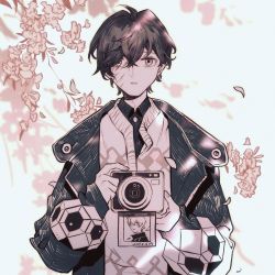 Rule 34 | 1boy, camera, character request, check copyright, closed mouth, coat, copyright request, dated, dizi930, eyelashes, fingernails, flower, hair between eyes, hatching (texture), highres, holding, holding camera, looking at viewer, male focus, monochrome, open clothes, open coat, parted lips, petals, photo (object), pink flower, scar, scar on chest, scar on face, sleeves past wrists, solo, world trigger
