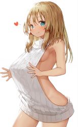 Rule 34 | 1girl, absurdres, aran sweater, bare arms, bare shoulders, blonde hair, blue eyes, blush, breasts, cable knit, closed mouth, clothes pull, contrapposto, flashing, hair between eyes, hair ribbon, heart, highres, long hair, looking at viewer, mamemochi, medium breasts, meme attire, moriya suwako, naked sweater, no headwear, ribbon, sideboob, sidelocks, simple background, smile, solo, sweater, sweater pull, touhou, tress ribbon, turtleneck, turtleneck sweater, virgin killer sweater, white background, white sweater