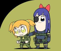 Rule 34 | 10s, 2girls, :3, bad id, bad twitter id, big boss, big boss (cosplay), bkub (style), black hair, blonde hair, blue eyes, bow, commentary, cosplay, crossover, eyepatch, hair bow, hand on another&#039;s shoulder, jotace, kazuhira miller, kazuhira miller (cosplay), long hair, metal gear (series), metal gear solid v: ground zeroes, metal gear solid v: the phantom pain, multiple girls, pipimi, poptepipic, popuko, sidelocks, sneaking suit, two-tone background, two side up, yellow eyes