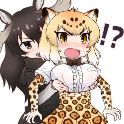 Rule 34 | !?, 10s, 2girls, animal ears, antlers, bad id, bad nicoseiga id, blonde hair, blush, bow, breast hold, breast lift, breasts, brown eyes, brown hair, elbow gloves, fur collar, gloves, grabbing, grabbing another&#039;s breast, horns, iwahana, jaguar (kemono friends), jaguar ears, kemono friends, large breasts, long hair, moose (kemono friends), moose ears, multicolored hair, multiple girls, open mouth, shirt, short hair, short sleeves, skirt, v-shaped eyebrows