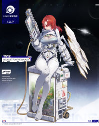Rule 34 | 1girl, belt, bodysuit, breasts, bullpup, english text, girls&#039; frontline, gun, highres, holding, holding gun, holding weapon, knee pads, large breasts, official art, plant, red eyes, red hair, see-through, shield module, sitting, solar panel, spacesuit, star (sky), ts12 (bouquet for the galaxy) (girls&#039; frontline), ts12 (girls&#039; frontline), weapon, white bodysuit