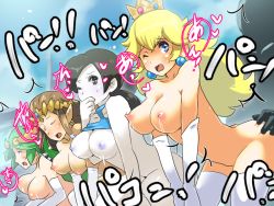 Rule 34 | 4boys, 4girls, ass, ass grab, bent over, black hair, blonde hair, boris (noborhys), bottomless, bouncing breasts, breasts, brown hair, crossover, crown, earrings, closed eyes, green hair, group sex, jewelry, kid icarus, large breasts, mario (series), moaning, multiple boys, multiple girls, nintendo, nipples, one eye closed, orgy, palutena, princess, princess peach, princess zelda, sex, super mario bros. 1, super smash bros., sweat, text focus, the legend of zelda, wii fit, wii fit trainer, wii fit trainer (female)