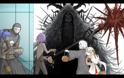 Rule 34 | absurdres, ahoge, anger vein, antlers, assassin (fate/zero), basket, black skin, blood, bloodborne, bloody weapon, brador, brador (cosplay), candy, colored skin, cosplay, dark-skinned female, dark skin, earrings, facial scar, fate/grand order, fate (series), food, gloves, halloween, halloween bucket, halloween costume, hassan of serenity (fate), hassan of the cursed arm (fate), highres, hoop earrings, horns, jack the ripper (fate/apocrypha), jeanne d&#039;arc (fate), jeanne d&#039;arc alter santa lily (fate), jewelry, kankan33333, king hassan (fate), letterboxed, mace, mask, pelt, ponytail, red eyes, scar, scar on cheek, scar on face, skull mask, spiked mace, spikes, weapon