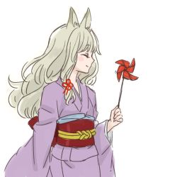 Rule 34 | 1girl, ama-tou, animal ears, blush stickers, bow, closed eyes, fingernails, fox ears, from side, hair ribbon, happy, japanese clothes, kimono, long hair, long sleeves, obi, original, pinwheel, profile, ribbon, sash, silver hair, simple background, sketch, smile, solo, toy, tress ribbon, weather vane, white background, wide sleeves, windmill
