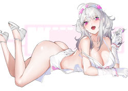 Rule 34 | 1girl, :d, absurdres, ahoge, apron, ass, bare shoulders, blush, breasts, cleavage, collarbone, elbow gloves, feet up, gloves, grey footwear, hair ornament, hairclip, hat, highres, holding, holding syringe, horz, large breasts, long hair, looking at viewer, lying, mole, mole under eye, naked apron, nijisanji, nurse cap, on stomach, open mouth, pink eyes, sandals, sidelocks, silver hair, smile, solo, strap slip, sukoya kana, syringe, twintails, two-tone background, virtual youtuber, white apron, white gloves, wrist cuffs, x hair ornament