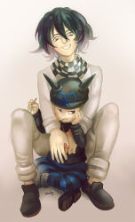 Rule 34 | 2boys, annoyed, arm belt, artist name, beanie, belt, black belt, black eyes, black footwear, black hat, black jacket, black pants, black scarf, blue pants, blush, brown hair, checkered clothes, checkered scarf, cigarette, closed mouth, colored tips, commentary, crossed legs, danganronpa (series), danganronpa v3: killing harmony, english commentary, fake horns, frown, full body, gradient background, grin, hair between eyes, half-closed eyes, hand on own cheek, hand on own face, hands on another&#039;s chest, hat, height difference, highres, holding, holding cigarette, horned headwear, horns, hoshi ryoma, jacket, leather, leather jacket, lips, loiodg, long sleeves, male focus, multicolored hair, multiple belts, multiple boys, oma kokichi, pants, purple eyes, purple hair, scarf, shoes, simple background, single ankle cuff, sitting, smile, spread legs, striped clothes, striped pants, thigh belt, thigh strap, two-tone pants, two-tone scarf, white background, white belt, white jacket, white pants, white scarf