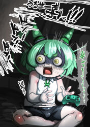 Rule 34 | 1girl, black shorts, body blush, collared shirt, commentary request, controller, foot out of frame, full body, game controller, gloom (expression), green hair, green ribbon, headphones on animal ears, highres, indian style, kuro kuroku, neck ribbon, open mouth, pea pod, ribbon, screaming, shirt, short hair, shorts, shouting, sitting, sleeveless, sleeveless shirt, solo, translation request, voiceroid, voicevox, white shirt, wide-eyed, yellow eyes, zundamon
