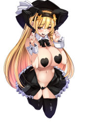 Rule 34 | 1girl, animal ears, black bow, black bowtie, black headwear, black skirt, black thighhighs, blonde hair, bow, bowtie, breasts, brown eyes, detached collar, heart, heart-shaped pupils, heart pasties, highres, kirisame marisa, large breasts, leotard, long hair, looking at viewer, navel, open mouth, pasties, playboy bunny, rabbit ears, simple background, skirt, solo, speech bubble, star-shaped pupils, star (symbol), symbol-shaped pupils, textless version, thighhighs, touhou, white background, wrist cuffs, yukito (dreamrider)