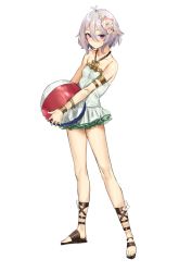 Rule 34 | 1girl, antenna hair, ball, bare shoulders, beachball, blush, breasts, closed eyes, collarbone, commentary request, covered erect nipples, flower, full body, green one-piece swimsuit, hair between eyes, hair flower, hair ornament, highres, hiyashi mirano, holding, holding ball, kokkoro (princess connect!), kokkoro (summer) (princess connect!), layered skirt, looking at viewer, one-piece swimsuit, pointy ears, princess connect!, purple eyes, sandals, short hair, silver hair, skirt, small breasts, solo, standing, swimsuit, swimsuit skirt, toes, white flower