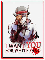 Rule 34 | 1boy, border, bowler hat, emblem, english text, green eyes, hair over one eye, hat, highres, i want you, iesupa, male focus, orange hair, pointing, pointing at viewer, poster (object), red border, roman torchwick, rwby, solo