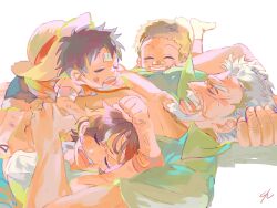 Rule 34 | 4boys, arm behind head, beard, black hair, blonde hair, blue shorts, child, closed eyes, commentary, elbow pads, english commentary, facial hair, green shirt, hat, male focus, monkey d. garp, monkey d. luffy, multiple boys, one piece, portgas d. ace, profile, sabo (one piece), senzzang, shirt, short hair, shorts, simple background, sleeping, sleeping on person, smile, socks, straw hat, white background, white socks