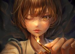 1girl artist_name black_background blunt_bangs brown_hair calligraphy_brush close-up collared_shirt commentary_request eyelashes highres holding holding_brush looking_at_viewer one_eye_closed original paintbrush portrait rearea_7777 shirt short_hair solo straight-on tears white_shirt yellow_eyes