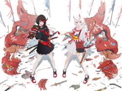 Rule 34 | 2girls, absurdres, armor, arrow (projectile), bag, black hair, black sailor collar, black skirt, blood, blood on hands, broken mask, closed mouth, commentary, earrings, english commentary, full body, gharliera1, highres, holding, holding smoking pipe, horns, japanese armor, jewelry, katana, long sleeves, looking at viewer, mask, multiple girls, neckerchief, oni, oni mask, original, pleated skirt, red eyes, red footwear, red neckerchief, sailor collar, sheath, sheathed, shirt, shoes, short hair, shoulder armor, siblings, skirt, smoking pipe, standing, sword, teeth, tongue, tongue out, twins, weapon, white footwear, white hair, white sailor collar, white shirt, wide sleeves