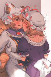 Rule 34 | 2girls, animal hat, blonde hair, blush, bow, breasts, brown eyes, closed eyes, commentary request, cowboy shot, dress, facing another, fox tail, frilled shirt collar, frills, from behind, gradient background, grey background, hair between eyes, hat, hat ribbon, heart, highres, imminent kiss, large breasts, long hair, long sleeves, looking at another, masanaga (tsukasa), mob cap, multiple girls, multiple tails, open mouth, puffy short sleeves, puffy sleeves, purple dress, red ribbon, ribbon, short hair, short sleeves, speech bubble, sweat, tabard, tail, touhou, translation request, wall, white background, white bow, white dress, white headwear, yakumo ran, yakumo yukari, yuri