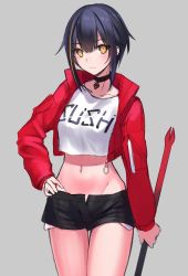 Rule 34 | 1girl, black hair, black shorts, choker, clothes writing, collarbone, commentary request, cowboy shot, crop top, crop top overhang, cropped jacket, exposed pocket, female focus, grey background, groin, hand on own hip, highres, holding, jacket, long sleeves, looking at viewer, midriff, multicolored hair, navel, nishibi mitsuba, open clothes, open fly, open jacket, original, polearm, red jacket, shirt, short hair, short shorts, shorts, sidelocks, simple background, solo, standing, stomach, streaked hair, thigh gap, thighs, weapon, white shirt, yellow eyes