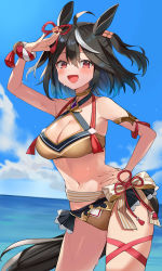 1girl :d absurdres ahoge animal_ears arm_up armlet armpits bare_shoulders bikini bikini_skirt black_hair breasts brooch brown_bikini choker cleavage cowboy_shot hand_on_own_hip highres horse_ears jewelry kitasan_black_(umamusume) looking_at_viewer medium_breasts midriff multicolored_hair navel open_mouth outdoors red_eyes satoupote shading_eyes short_hair smile solo stomach streaked_hair swimsuit thighs two_side_up umamusume wet