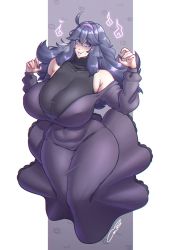 Rule 34 | 1girl, @ @, ahoge, breasts, coolpsyco, creatures (company), curvy, female focus, full body, game freak, hairband, hex maniac (pokemon), highres, huge breasts, long hair, looking at viewer, matching hair/eyes, nintendo, pokemon, pokemon xy, purple eyes, purple hair, solo, sweat, thick thighs, thighs, wide hips