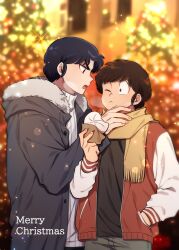 Rule 34 | 2boys, :t, baozi, black eyes, black hair, black shirt, blurry, blurry background, brown eyes, brown hair, christmas tree, closed mouth, commentary request, eating, english text, fingernails, food, fringe trim, fur-trimmed jacket, fur trim, grey jacket, grey pants, hand in pocket, highres, holding, holding food, jacket, letterman jacket, long sleeves, looking at another, looking to the side, male focus, mendou shuutarou, merry christmas, moroboshi ataru, multiple boys, nai0524, one eye closed, open clothes, open jacket, pants, pocket, red jacket, ribbed sweater, scarf, shirt, short hair, sleeve cuffs, sparkle, sweater, upper body, urusei yatsura, very short hair, white jacket, white sweater, yaoi, yellow scarf