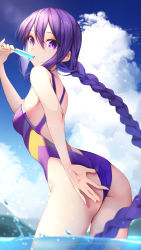 Rule 34 | 1girl, adjusting clothes, adjusting swimsuit, ass, blue sky, braid, cloud, competition swimsuit, day, food, herigaru (fvgyvr000), long hair, melty blood, multicolored clothes, multicolored swimsuit, one-piece swimsuit, outdoors, partially submerged, partially underwater shot, popsicle, purple eyes, purple hair, purple one-piece swimsuit, single braid, sion eltnam atlasia, sky, soaking feet, solo, swimsuit, tsukihime, underwater, very long hair, wading, water