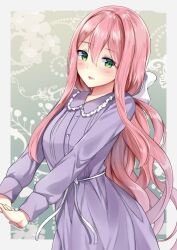 Rule 34 | 1girl, abigail (heart of the woods), blush, border, dress, green eyes, heart of the woods, highres, kaetzchen, long hair, long sleeves, looking at viewer, low ponytail, open mouth, patterned background, pink hair, purple dress, ribbon, shiny skin, smile, solo, wavy hair, white border, white ribbon
