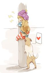 Rule 34 | 1girl, american flag dress, american flag legwear, american flag shirt, ass, bad id, bad twitter id, blonde hair, climbing, closed eyes, clothes pull, clownpiece, crying, dog, flying teardrops, hat, heart, highres, jester cap, long hair, muchi maro, no panties, open mouth, pantyhose, pantyhose pull, polka dot, round teeth, solo, spoken heart, striped clothes, striped pantyhose, tail, tail wagging, tears, teeth, touhou