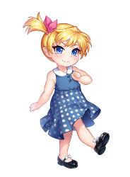 Rule 34 | 1girl, :&gt;, aged down, bare arms, bare legs, bare shoulders, blonde hair, blue eyes, blush, child, clothes lift, dress, highres, lilith-soft, looking at viewer, pointy ears, shinganji kurenai, shirt lift, side ponytail, simple background, smile, solo, taimanin (series), taimanin kurenai, taimanin rpgx, white background, zol