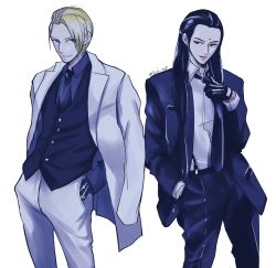 Rule 34 | 2boys, bindi, black gloves, black hair, black necktie, black suit, blonde hair, blue eyes, closed mouth, collar, earrings, eyebrows, eyes visible through hair, final fantasy, final fantasy vii, final fantasy vii remake, formal, fujiko one, gloves, hands in pockets, highres, jewelry, long hair, looking at viewer, male focus, multiple boys, necktie, parted lips, red eyes, rufus shinra, shirt, short hair, simple background, square enix, standing, suit, tseng, turks (ff7), twitter username, vest, white background, white suit, wing collar