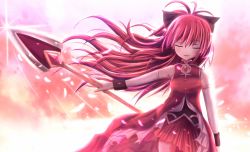 Rule 34 | 10s, bare shoulders, closed eyes, detached sleeves, floating hair, long hair, magical girl, mahou shoujo madoka magica, mahou shoujo madoka magica (anime), non (nobu), outstretched arm, polearm, ponytail, red hair, sakura kyoko, smile, solo, spear, weapon