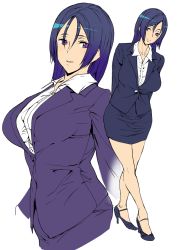 Rule 34 | 1girl, ashiomi masato, breasts, closed mouth, collared shirt, fate/grand order, fate (series), formal, high heels, large breasts, long hair, looking at viewer, minamoto no raikou (fate), purple eyes, purple hair, shirt, simple background, skirt, skirt suit, smile, solo, suit, white background