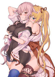 Rule 34 | .live, 2girls, animal ears, aqua eyes, arm behind head, arm up, bare shoulders, black gloves, black panties, black sweater, blonde hair, blue thighhighs, blush, bow, braid, grabbing another&#039;s breast, breasts, bridal gauntlets, brown eyes, brown legwear, closed mouth, commentary, covered navel, cowboy shot, cropped jacket, detached sleeves, dress, fingering, fingering through clothes, fingernails, fur-trimmed gloves, fur-trimmed jacket, fur-trimmed sleeves, fur collar, fur trim, gloves, grabbing, grabbing from behind, hair ribbon, hakama, hakama skirt, jacket, japanese clothes, kongou iroha, large breasts, long fingernails, long hair, long sleeves, looking at another, looking away, mokota mememe, multiple girls, mutsutake, navel, nontraditional miko, nose blush, off shoulder, open clothes, open jacket, panties, panty pull, pink hair, print legwear, pussy juice, red bow, red hakama, red ribbon, ribbed sweater, ribbon, sheep ears, shirt, short sleeves, sidelocks, simple background, skindentation, skirt, sleeveless, sleeveless shirt, sleeveless sweater, smile, sparkle print, standing, sweat, sweater, sweater dress, symbol-only commentary, thick eyebrows, thighhighs, through clothes, twintails, underwear, very long hair, virtual youtuber, wavy mouth, white background, white jacket, white shirt, wide sleeves, yuri