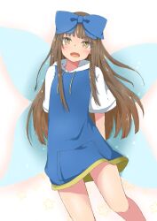 Rule 34 | 1girl, bare legs, blue bow, blunt bangs, blush, bow, brown eyes, brown hair, commentary request, dot nose, drawstring, fairy wings, feet out of frame, flat chest, hair bow, happy, highres, hood, hoodie, long hair, looking at viewer, mizune (winter), open mouth, short sleeves, simple background, solo, standing, standing on one leg, star sapphire, straight-on, touhou, very long hair, white background, wings