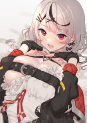 Rule 34 | 1girl, :d, aizenpochi, areola slip, bed sheet, belt, black collar, black gloves, black hair, black jacket, blush, braid, breasts, camisole, cleavage, collar, ear piercing, fang, fingerless gloves, frilled camisole, frills, gloves, hair ornament, hairclip, hololive, jacket, large breasts, looking at viewer, lying, medium hair, multicolored hair, off-shoulder jacket, off shoulder, on back, open mouth, paid reward available, piercing, red eyes, sakamata chloe, smile, solo, streaked hair, swept bangs, upper body, virtual youtuber, white camisole, white hair, x hair ornament