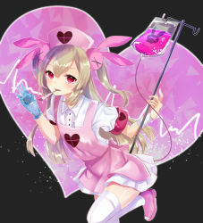 Rule 34 | 1girl, apron, bad id, bad pixiv id, bandaged arm, bandages, black background, blood, blood bag, blue gloves, blush, brown hair, cardiogram, center frills, collared shirt, commentary request, dress shirt, frills, gloves, hair between eyes, hair ornament, hand up, hat, heart, heart background, leg up, light particles, long hair, looking at viewer, mouth hold, natori sana, nekomiya noru (yuduki710), nurse cap, ok sign, open mouth, pink apron, pink footwear, pink hat, pleated skirt, rabbit hair ornament, red eyes, rubber gloves, sana channel, shirt, short sleeves, sidelocks, single glove, skirt, smile, solo, standing, standing on one leg, thighhighs, tube, two side up, virtual youtuber, white shirt, white skirt, white thighhighs