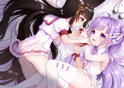 Rule 34 | 2girls, :d, ahoge, ass, azur lane, bad id, bad pixiv id, bare shoulders, bed sheet, black hair, blush, bow, brown eyes, chocolate, collared dress, commentary request, dress, feeding, food, frilled dress, frills, hair bun, hair ornament, highres, holding, holding food, long hair, lying, maeha, multiple girls, nagato (azur lane), on side, open mouth, panties, profile, puffy short sleeves, puffy sleeves, purple bow, purple eyes, purple hair, sailor collar, sailor dress, short sleeves, side bun, single hair bun, single side bun, sleeveless, sleeveless dress, smile, striped clothes, striped panties, stuffed animal, stuffed toy, stuffed unicorn, thighhighs, underwear, unicorn (azur lane), very long hair, white dress, white legwear, white sailor collar, yuri