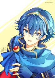 Rule 34 | 1boy, armor, atoatto, blue eyes, blue hair, cape, fingerless gloves, fire emblem, fire emblem: mystery of the emblem, fire emblem engage, gloves, jewelry, looking at viewer, male focus, marth (fire emblem), nintendo, ring, short hair, simple background, smile, solo, tiara