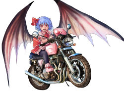 Rule 34 | 1girl, :d, back bow, bat wings, black pantyhose, blue hair, bow, commentary, doitsuken, fangs, footwear bow, hair ornament, helmet, looking at viewer, motor vehicle, motorcycle, motorcycle helmet, open mouth, pantyhose, pink footwear, pink shirt, pink skirt, puffy short sleeves, puffy sleeves, red bow, red eyes, remilia scarlet, riding, shirt, shoes, short hair, short sleeves, simple background, sitting, skirt, slit pupils, smile, solo, spread wings, touhou, white background, wings