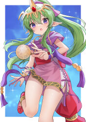 Rule 34 | 1girl, absurdres, alternate eye color, dress, fire emblem, green hair, hair ornament, hako momiji, highres, jewelry, long hair, nintendo, open mouth, pink dress, pointy ears, ponytail, purple eyes, scarf, short dress, side slit, simple background, solo, tiara, tiki (fire emblem), tiki (young) (fire emblem)
