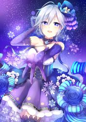 Rule 34 | 10s, 1girl, :d, absurdres, anastasia (idolmaster), bad id, bad pixiv id, blue eyes, criss-cross halter, elbow gloves, gloves, halterneck, hat, highres, idolmaster, idolmaster cinderella girls, idolmaster cinderella girls starlight stage, kaenuco, lace, lace-trimmed gloves, lace trim, open mouth, reaching, reaching towards viewer, ribbon, short hair, silver hair, sky, smile, solo, star (sky), starry sky, striped ribbon