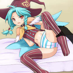 Rule 34 | blue hair, clam curry, cleft of venus, hat, marion (rune factory), panties, rune factory, rune factory 3, thighhighs, underwear, witch hat