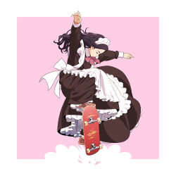 Rule 34 | 1girl, apron, black dress, black hair, black sleeves, commentary request, dress, closed eyes, frilled dress, frills, long hair, maid, maid apron, maid headdress, original, outstretched arms, shoes, skateboard, sneakers, solo, suzushiro (suzushiro333)