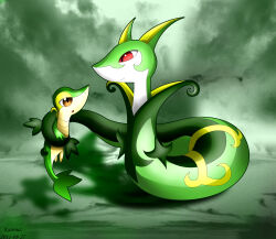 Rule 34 | animal focus, brown eyes, carrying, closed mouth, creatures (company), dated, evolutionary line, game freak, gen 5 pokemon, kairouz, nintendo, no humans, pokemon, pokemon (creature), red eyes, serperior, signature, slit pupils, smile, snake, snivy