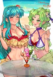 Rule 34 | 2girls, aqua hair, bikini, blush, breasts, cleavage, collarbone, commentary request, commission, eirika (fire emblem), eirika (summer) (fire emblem), fire emblem, fire emblem: the sacred stones, fire emblem heroes, flower, food, food on face, green eyes, green hair, hair flower, hair ornament, highres, holding, holding spoon, ice cream spoon, jewelry, l&#039;arachel (fire emblem), l&#039;arachel (summer) (fire emblem), looking at another, medium breasts, multiple girls, navel, necklace, nintendo, official alternate costume, parfait, r123, skeb commission, spoon, swimsuit, table