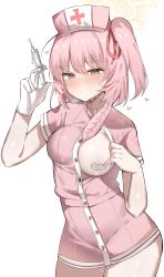 Rule 34 | 1girl, absurdres, bandaid, bandaid on breast, blue archive, blush, breasts, brown eyes, closed mouth, commentary, doldol (rkwowlqrp), gloves, hairband, halo, hands up, hat, heart, highres, holding, holding syringe, medium breasts, nurse, nurse cap, one breast out, pink hair, red hairband, ribbon, serina (blue archive), serina (nurse) (blue archive), shiny skin, short hair, short sleeves, simple background, solo, standing, sweat, syringe, upper body, white background, white gloves