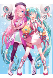 Rule 34 | 2girls, aqua eyes, aqua hair, bare shoulders, belt, blue eyes, boots, breasts, collared dress, commentary request, dress, elbow rest, full body, gloves, hair ornament, hand up, hatsune miku, headset, highres, knee boots, large breasts, light blush, light particles, long hair, looking at viewer, magical mirai (vocaloid), magical mirai luka, magical mirai luka (2022), magical mirai miku, magical mirai miku (2022), megurine luka, mochityoko, multicolored hair, multiple girls, necktie, one eye closed, open hand, open mouth, pantyhose, pink hair, pink necktie, purple headwear, purple pantyhose, radio antenna, small breasts, smile, sparkle, standing, star (symbol), star hair ornament, thigh strap, twintails, very long hair, vocaloid, waving, white footwear