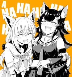 Rule 34 | 2girls, :d, ^ ^, animal ear fluff, animal ears, blush, braid, choker, closed eyes, commentary request, detached sleeves, drawstring, ear piercing, fox ears, hair between eyes, hair ornament, hairclip, hololive, hololive gamers, laughing, long hair, monochrome, multiple girls, necktie, noise (tsuzuki), ookami mio, ookami mio (1st costume), open mouth, orange background, piercing, sailor collar, shirakami fubuki, shirakami fubuki (1st costume), side braid, simple background, single braid, smile, tears, virtual youtuber, wide sleeves, wolf ears