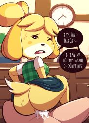 Rule 34 | 1boy, 1girl, animal crossing, animal ears, ass, bell, black eyes, blonde hair, blue skirt, blush stickers, bonsai, breasts, buck teeth, clock, clothed female nude male, clothes lift, cum, cum in pussy, desk, dog ears, dog girl, dog tail, english text, erection, from behind, furry, girl on top, green vest, hair bell, hair ornament, hair tie, half-closed eye, hetero, highres, indoors, interspecies, isabelle (animal crossing), jingle bell, looking at viewer, looking back, medium breasts, miniskirt, nintendo, no panties, nude, one eye closed, open mouth, penis, plaid, plaid vest, pov, sex, shirt, short hair, short sleeves, sitting, sitting on person, skirt, skirt lift, speech bubble, spread legs, steecks, sweat, tail, talking, teeth, testicles, text focus, topknot, uncensored, veins, veiny penis, vest, villager (animal crossing), white shirt