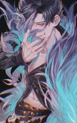 Rule 34 | 1boy, bad id, bad twitter id, belial (granblue fantasy), black background, covering own mouth, feathers, granblue fantasy, highres, male focus, omoti0mti, pectoral cleavage, pectorals, simple background, solo, spiked hair, tagme, teeth, upper teeth only