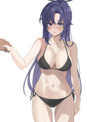 Rule 34 | 1girl, 1other, absurdres, alternate costume, bikini, black bikini, blue archive, blue eyes, blue hair, blush, breasts, cleavage, hair between eyes, halo, halterneck, highres, holding hands, large breasts, long hair, looking at viewer, navel, parted lips, side-tie bikini bottom, simple background, solo focus, star (symbol), star sticker, sticker on face, stomach, string bikini, sweat, swimsuit, very long hair, white background, yamashi e, yuuka (blue archive)