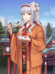 Rule 34 | 1girl, bowl, building, chopsticks, cloud, day, eating, floral print, flower, hair flower, hair ornament, hairband, highres, holding, idolmaster, idolmaster (classic), japanese clothes, kimono, long hair, long sleeves, looking at viewer, mikado (winters), outdoors, parted lips, ponytail, red eyes, revision, shijou takane, shiruko (food), shrine, silver hair, sky, solo, tree, wide sleeves